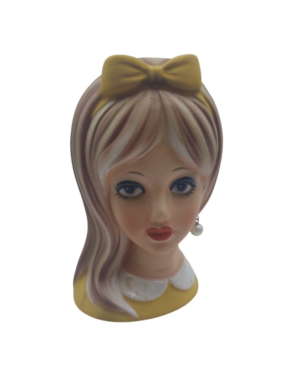 Napcoware Head Vase Lady Teen Ceramic Blonde Yellow Bow Pearl Earring MCM C8493